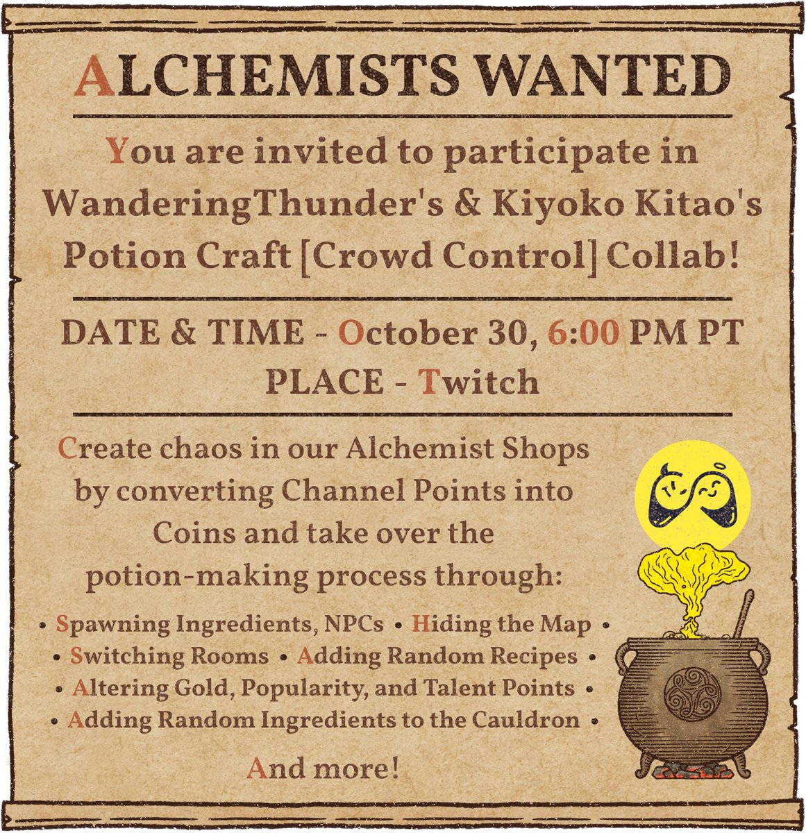 Stop by this Thursday, October 30th, for my first #CrowdControl stream! <a href="/KiyokoKitao/">Kiyoko Kitao</a> will be joining me as we give chat a go at running an Alchemist Shop in #PotionCraft!
Stock up on Channel Points so you can swap them for Coins. Can't wait to see you there!
🔗Links Below!