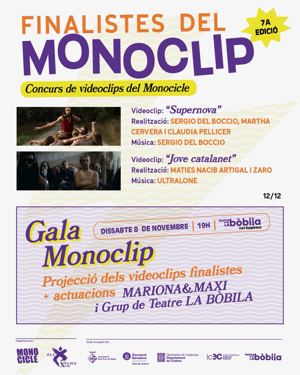 🟣 FINALISTES DEL MONOCLIP 2025
El concurs de videoclips del <a href="/monocicle_ribes/">Monocicle: Festival música autor/a 5-8 juny 2025</a>  ja té finalistes!
12 peces plenes de talent, creativitat i passió per la música d’autor 🎬💜

🧵 Obrim fil amb tots els clips finalistes 👇
