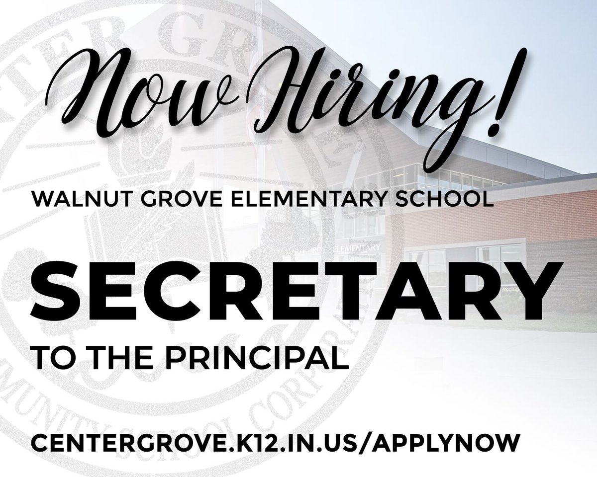 Walnut Grove Elementary is looking for a is looking for a caring and dependable secretary to the principal. The ideal candidate is highly organized and has experience with accounting. Interested? Apply online at centergrove.k12.in.us/applynow
