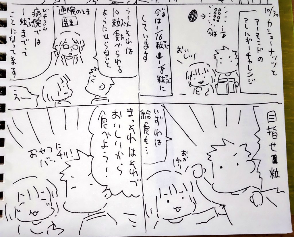 #本日のむすめさん
アレルギー緩和であって克服ではないらしいですね。
もし間違って口にしてもアレルギー反応が抑えられるようにという方針なのでした。
まぁおうちでおやつにしてあげればいいかな。 