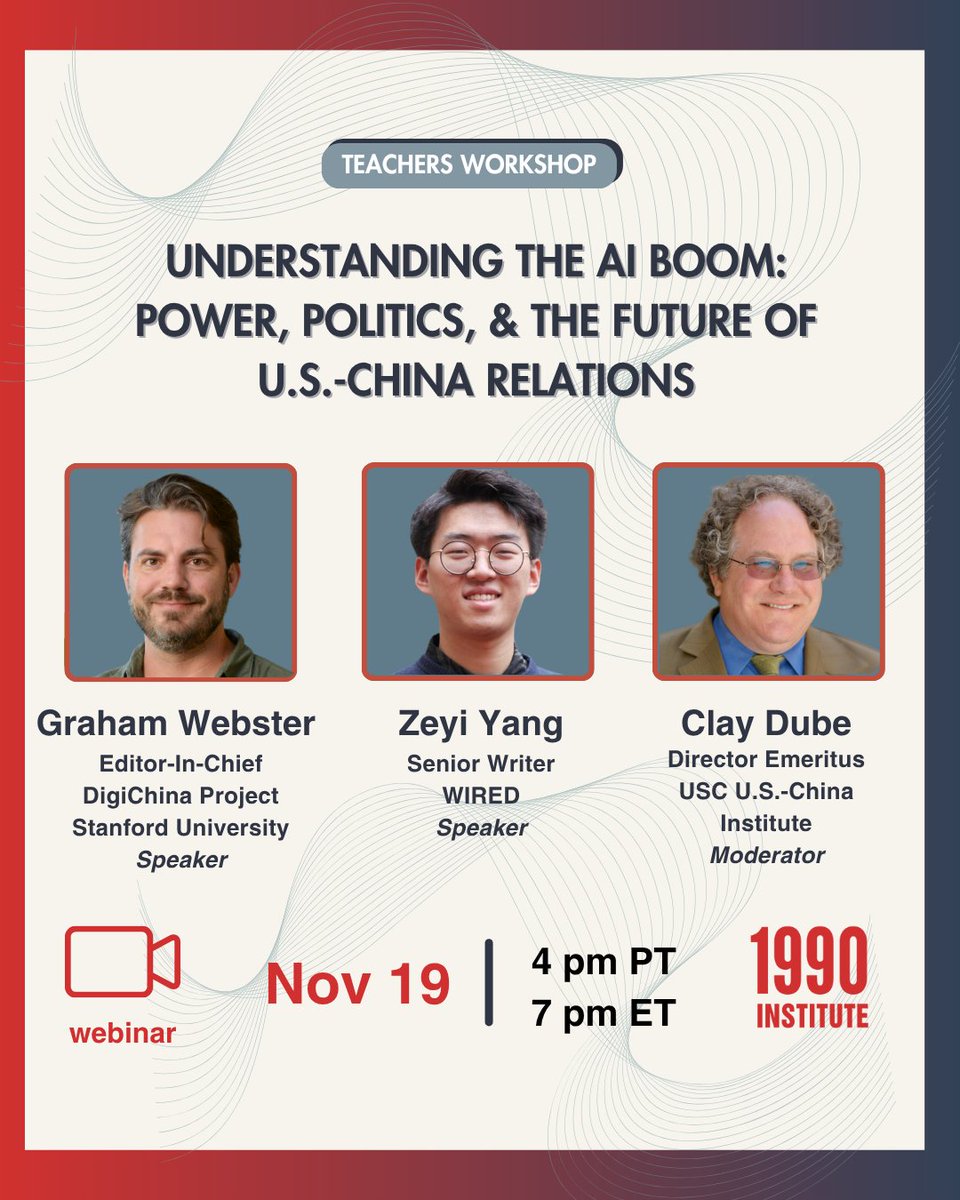 1990Institute's tweet image. 🌏💡 Learn how the US &amp;amp; China’s AI boom is impacting everything from digital literacy to global power. Join our webinar with experts from Stanford, WIRED &amp;amp; USC to find out how the AI revolution is our shared future. 

📆 Register: us02web.zoom.us/webinar/regist…

#USTech #ChinaAI