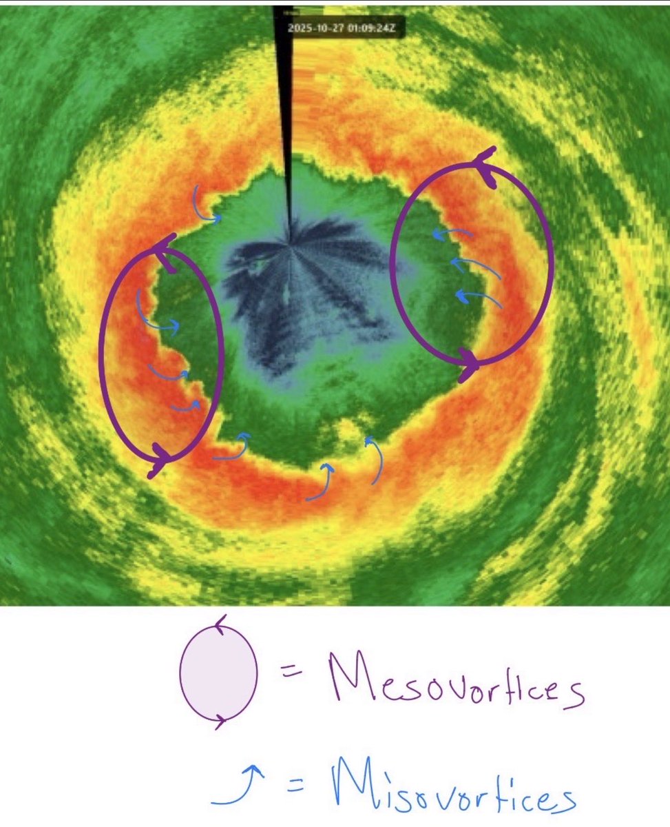 It’s also cool seeing the even tinier ‘misovortices’ at larger wave numbers/finer scales.

This radar image from #Melissa shows these finger-like appendages as they also mix + diffuse between the eye and eyewall.

“And little whirls have lesser whirls, and so on to viscosity…”