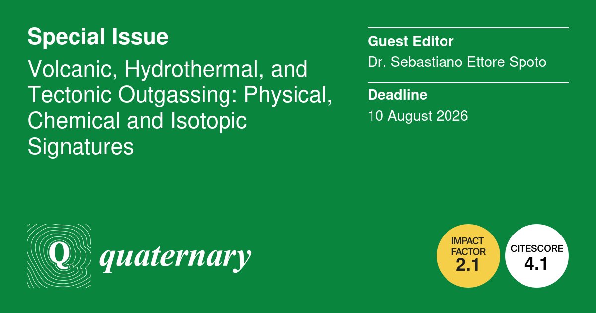 Quaternary_MDPI's tweet image. 🌋 Call for Papers: Special Issue on Outgassing Phenomena!

📢 Be a part of the special issue in Quaternary: “#Volcanic, #Hydrothermal, and #Tectonic #Outgassing: Physical, Chemical and Isotopic Signatures”🔬

🔗 Learn more &amp;amp; submit: shorturl.at/Ix6Un

#gas #geochemistry