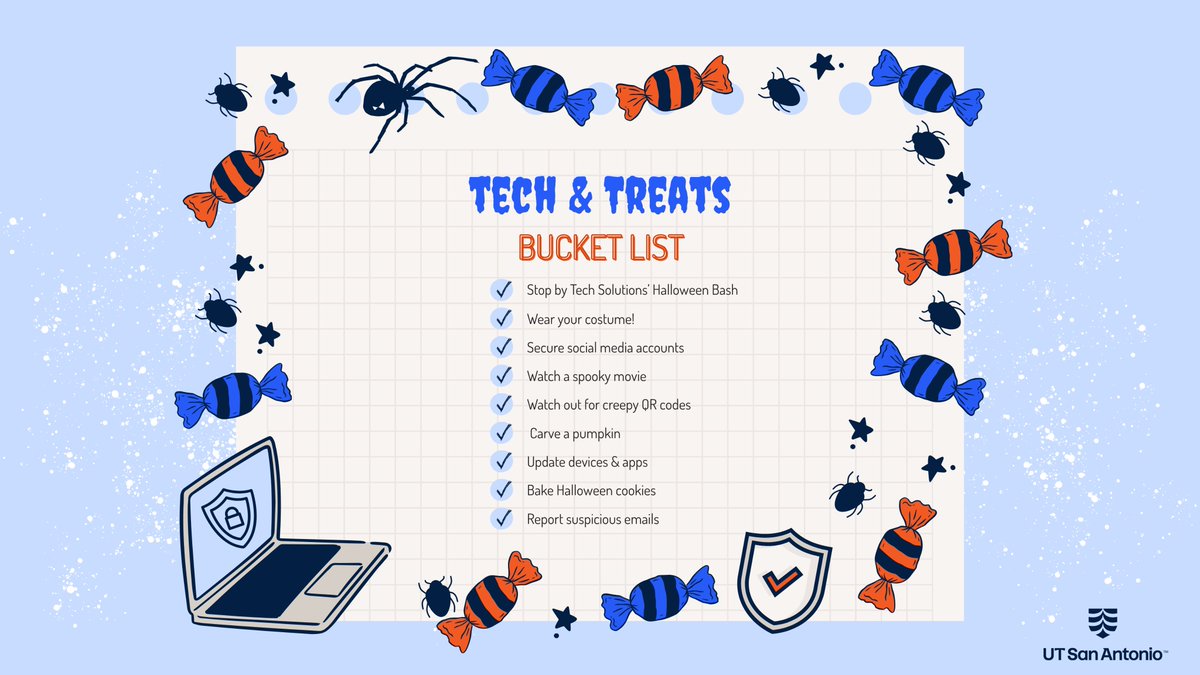 UTS_UTSA's tweet image. Hey &apos;Runners! Let&apos;s stay secure and stay festive this Halloween! See you tomorrow at our Halloween Bash at the Student Union Window Lounge from 11 AM - 1 PM. There will be prizes for the best costumes! #CybersecurityAwarenessMonth #TechSolutions #TechCafé