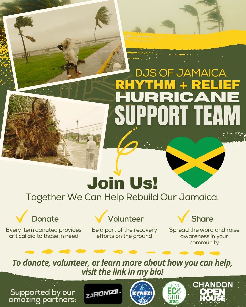 ZJRomzii's tweet image. 🚨 URGENT: HURRICANE RELIEF NEEDED 🚨
Families in western Jamaica need our help NOW. 💚🇯🇲

The DJs of Jamaica are coming together to form a Hurricane Relief Team to coordinate aid + gather supplies.
Ready to help? Join the WhatsApp group 👉🏽 chat.whatsapp.com/LCQBPVbjAJh8j8… 
#RhythmRelief