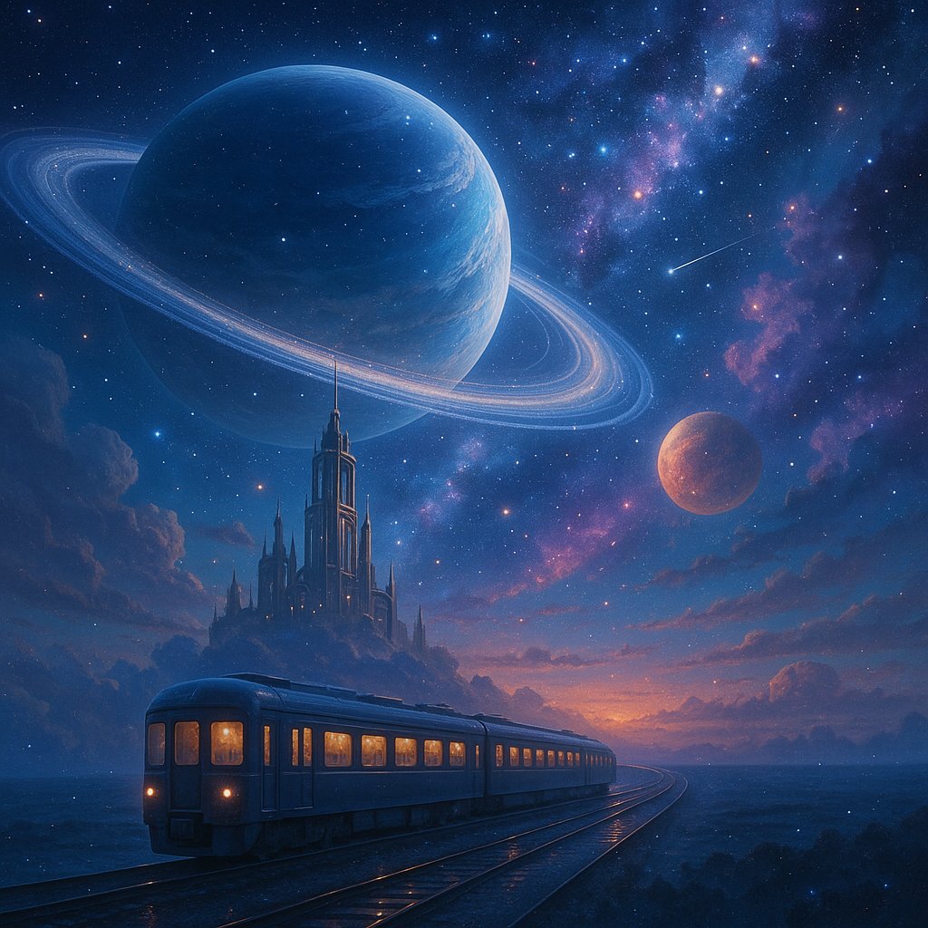 funfungen's tweet image. 🚆星環列車  
宇宙を渡る列車が、惑星と星雲のあいだを滑る。車窓には永遠の光が流れ、旅は星の海を越えて続く。  
#幻想風景 #宇宙列車 #星雲 #光の航路