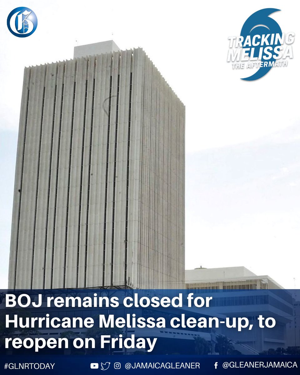 JamaicaGleaner's tweet photo. The Bank of Jamaica says its building suffered minor impacts as a result of the passage of Hurricane Melissa. As a result, the location will remain closed while clean-up operations take place today and tomorrow.

Read more: https://t.co/zr8pnctPLC https://t.co/BoOuVFoGB6
