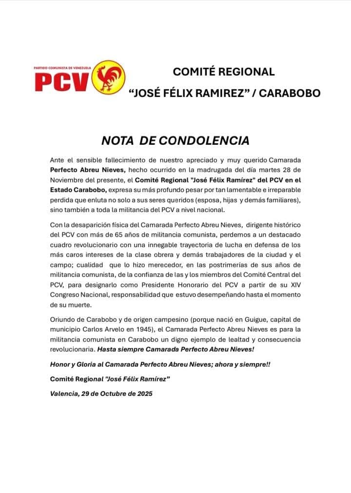 Nota de duelo del Comité Regional José Félix Ramírez, estado Carabobo.