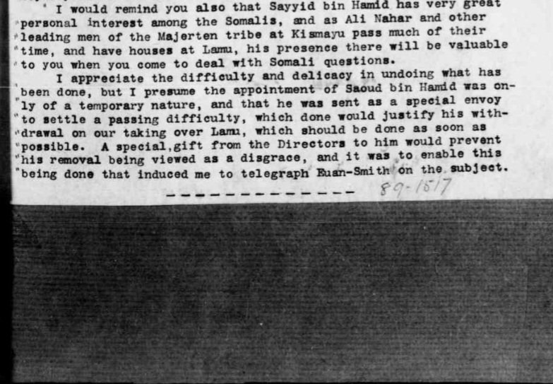Sultan Ali Nahar of the Kismayo Ali Saleebaan[1890]

"Ali Nahar and other leading men of the Majerten tribe at Kismayu pass much of their time, and have houses at Lamu"