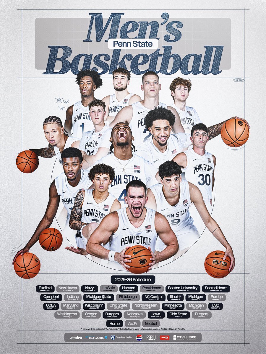 PennStateMBB's tweet photo. 2025-26 SEASON POSTER DROP ‼️

Get yours on MONDAY at our season opener!

#WeAre https://t.co/vSuEg8EPNa