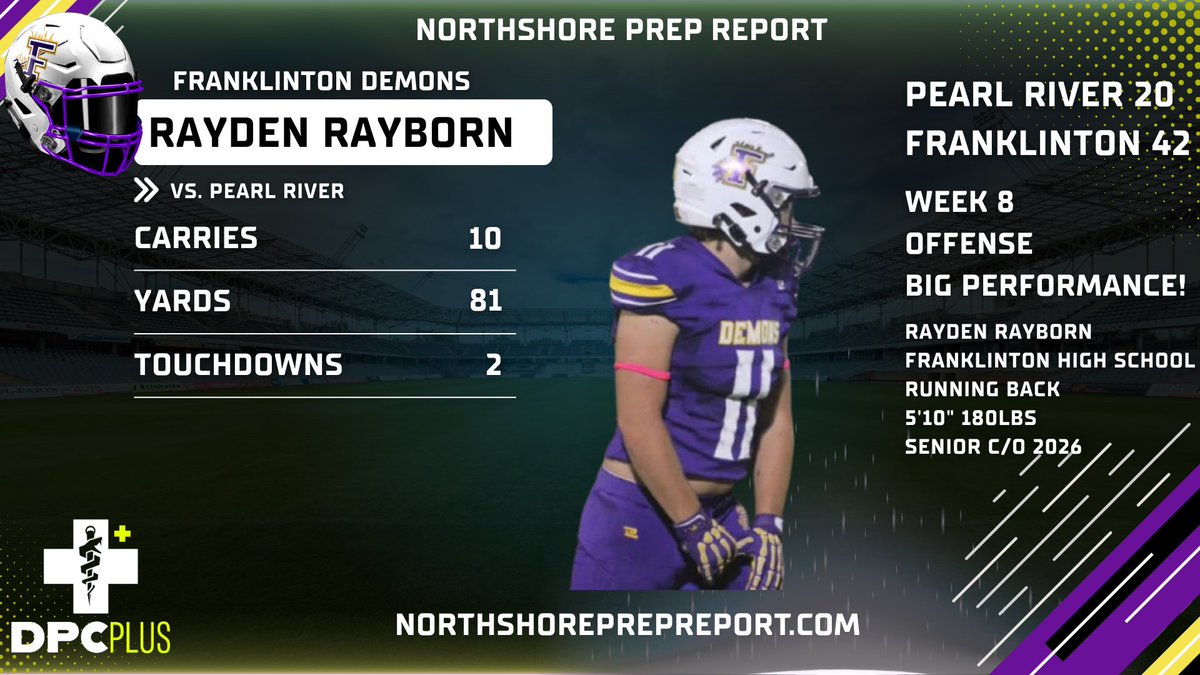 FOOTBALL 🏈🏈🏈

Week 9
Big Performance - Week 8

While the Demon offense has been prolific through the air all season, senior running back Rayden Rayborn added explosiveness to the ground game on Friday night in a win against Pearl River. 

<a href="/FranklintonFB/">Franklinton Demon Football</a>