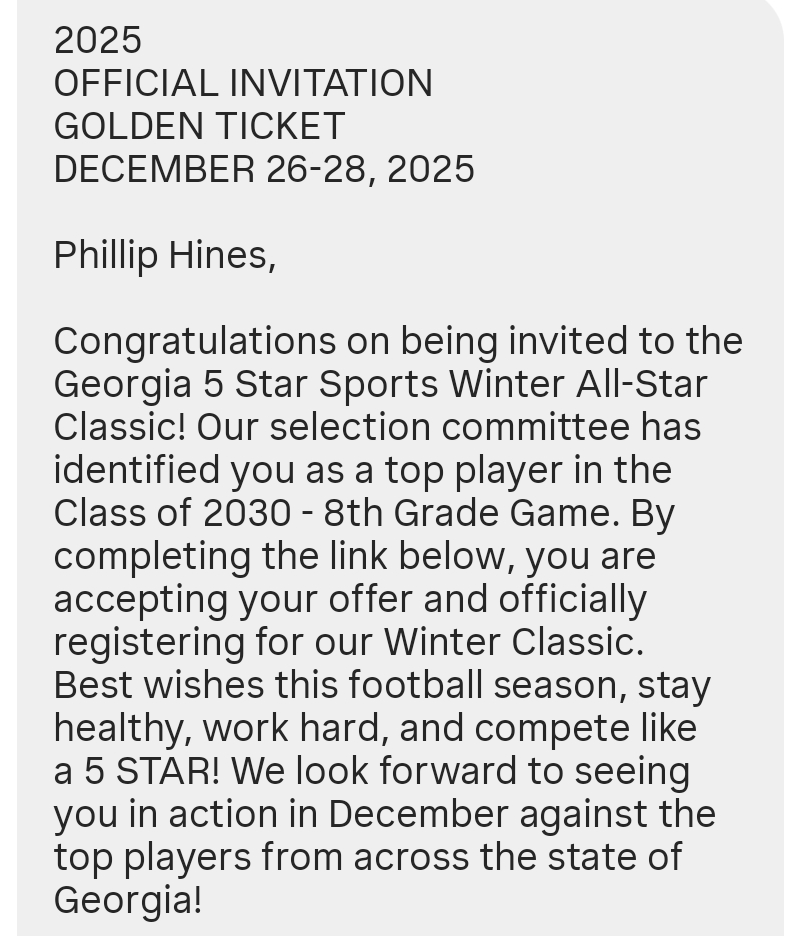 PhillipWA30's tweet image. Thank you @GA5StarSports for the Golden Ticket invite.  #linebacker