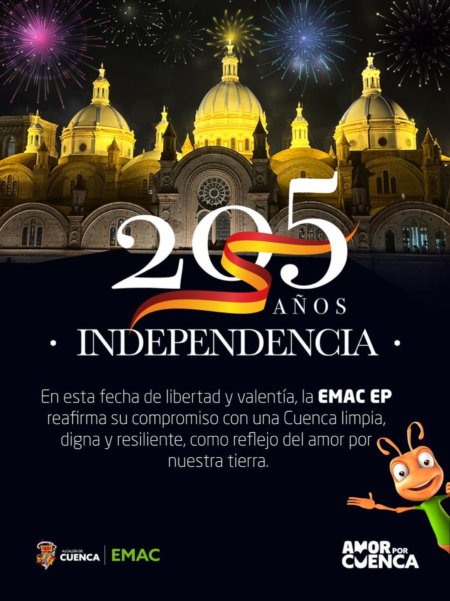 🎆 ¡Cuenca, 205 años de independencia!

Historia que inspira, gente que trabaja, y una ciudad que brilla con fuerza y corazón. 💚

Desde EMAC EP, celebramos tu legado y nuestro compromiso de mantenerte limpia, verde y llena de vida. 🌿

¡Feliz aniversario, Cuenca!

#AmorPorCuenca