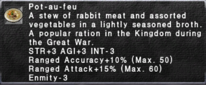 FF11_Boki's tweet photo. ポトフ
野兎の肉と野菜の煮物料理。
大戦中、王国軍の野戦食として愛された。
STR+3 AGI+3 INT-3 飛命+10% (最大50)
飛攻+15% (最大60) 敵対心-3

#FF11
#今日のスペシャルダイヤル https://t.co/Y1yNLELE0s