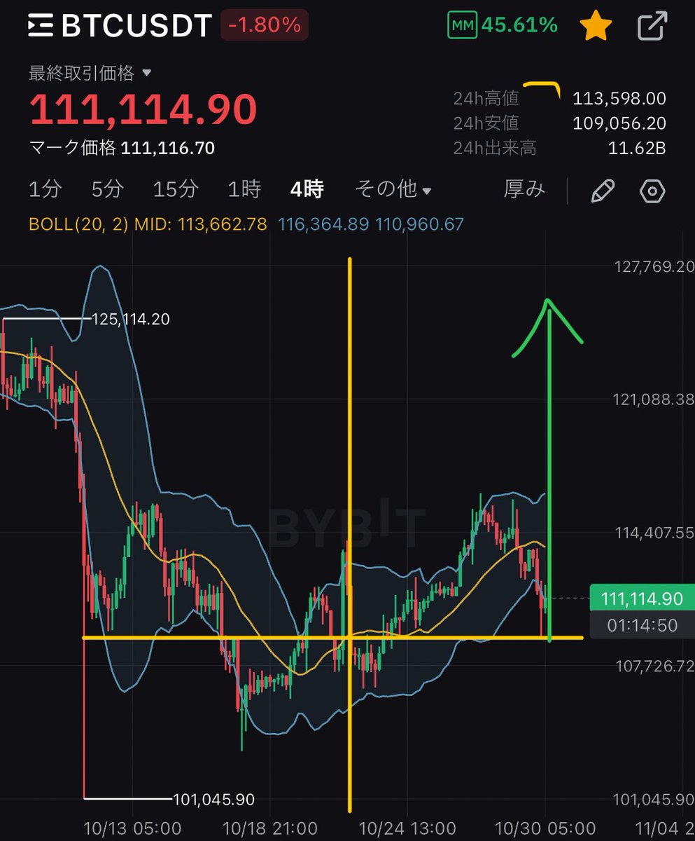 MATRIXblock's tweet image. #ビットコイン
しっかり押し目入りました。11万ドル割れです。
しかしチャート対称性理論からするとここで反転爆上げとなります🧐期待しておきましょう🔥