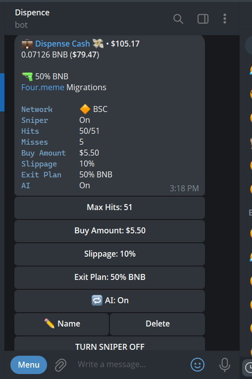 aiodboss's tweet photo. Wanna snipe tokens while AI does the heavy lifting? 
@DispenceCash bot filters rugs, handles exits, and even decides how much to ape in 💰
Link up 👉 https://t.co/nEEnIWNCMh
And trust me… more killer features are coming for traders and devs https://t.co/Bay1NLHTGk
