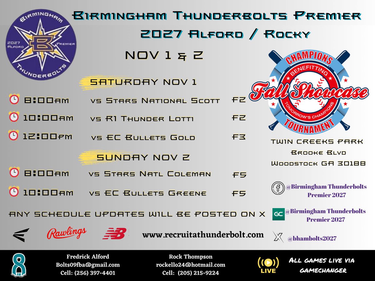 Back at it in Woodstock this upcoming weekend!  <a href="/BhamBolts2027/">Birmingham Thunderbolts Premier 2027-Alford/Rocky</a> 
<a href="/AppStateSB/">App State Softball</a> 
<a href="/VTechSBcoach/">Pete</a> 
<a href="/CoastRecruits/">Coast 2 Coast Recruits</a> 
<a href="/CoastRecruitsSB/">Coast Recruits 🥎</a> 
<a href="/D1Softball/">D1Softball</a> 
<a href="/UVASoftball/">Virginia Softball</a>
