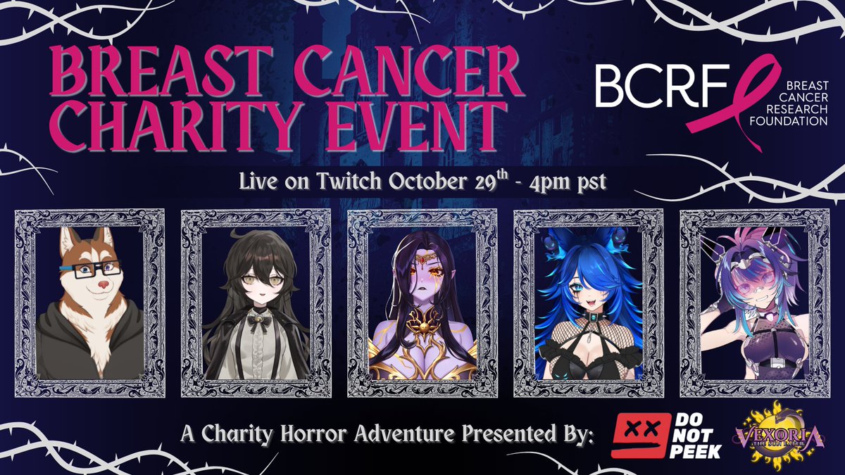 It's time to Snek For The Cure! 🎀🎃

Join <a href="/VexTheSunEater/">Vexoria the Sun Eater 🌞 🐍</a>, <a href="/GrimmiVT/">🕯️ Grimmi 🕯️Streamer and Vtuber and Spooky</a>, <a href="/ThePapaMutt/">PapaMutt || VTuber Dog Dad</a>, <a href="/SpiteVtuber/">Spite 🐺 Cerberus Vtuber 🐺</a>, and <a href="/ProjektMelody/">Projekt Melody 🍆💦🥯</a> as they venture into a spooky adventure to raise money for the <a href="/BCRFcure/">The Breast Cancer Research Foundation</a>! 

Donations: tilt.fyi/Eyzo1CNZKA

Auctions: tilt.fyi/sznQlinkeh