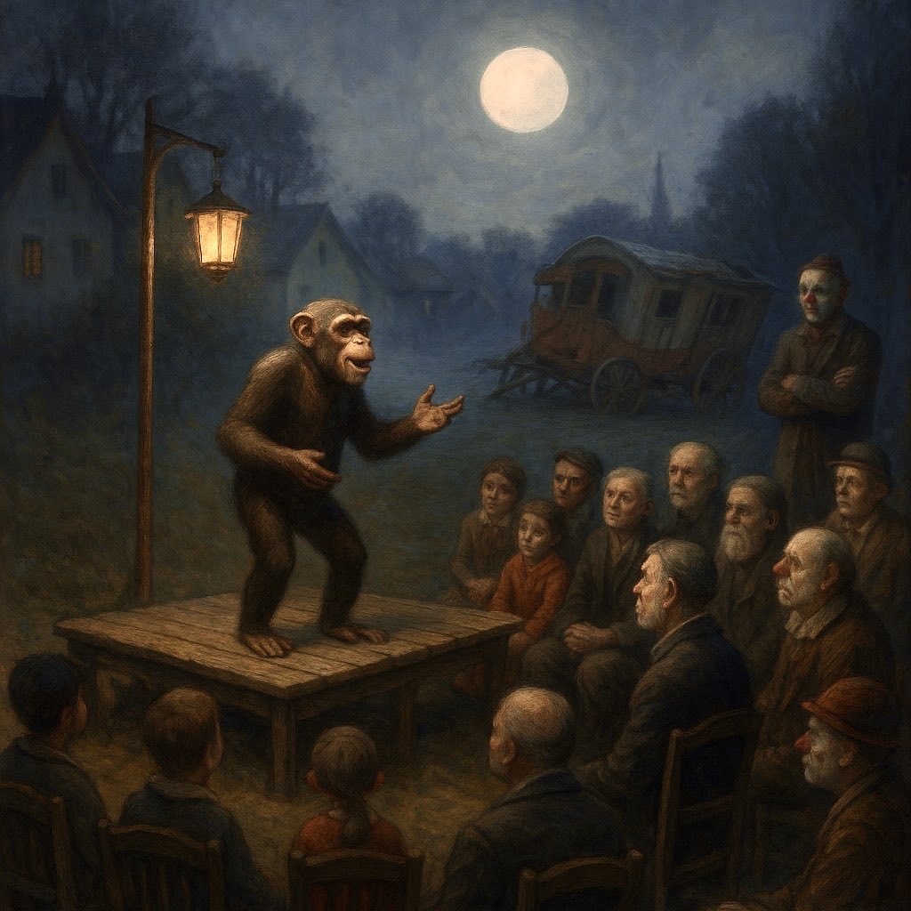 Se volcó un vagón con chimpancés en la caravana del circo. La mayoría permaneció inmóvil. Uno escapó.
Días después, en una aldea cercana, corría el rumor de un mono que hacía reír sin necesidad de disfraz.
— Lo inquietante no es el escape —comentó un payaso, sin quitarse la