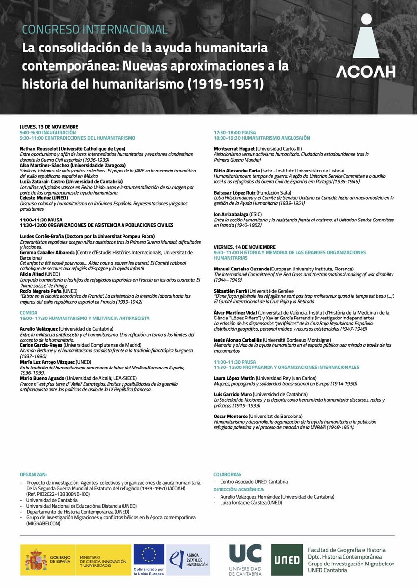 Los días 13 y 14 de noviembre estaremos por Santander para debatir sobre la historia del humanitarismo en 1919-1951, cortesía de <a href="/MIGRABELCON/">MIGRABELCON</a> y <a href="/unican/">Universidad de Cantabria</a>.
Servidor hablará sobre cómo la actuación del <a href="/ICRC/">ICRC</a> transformó la discapacidad de guerra en los años cuarenta (o no).