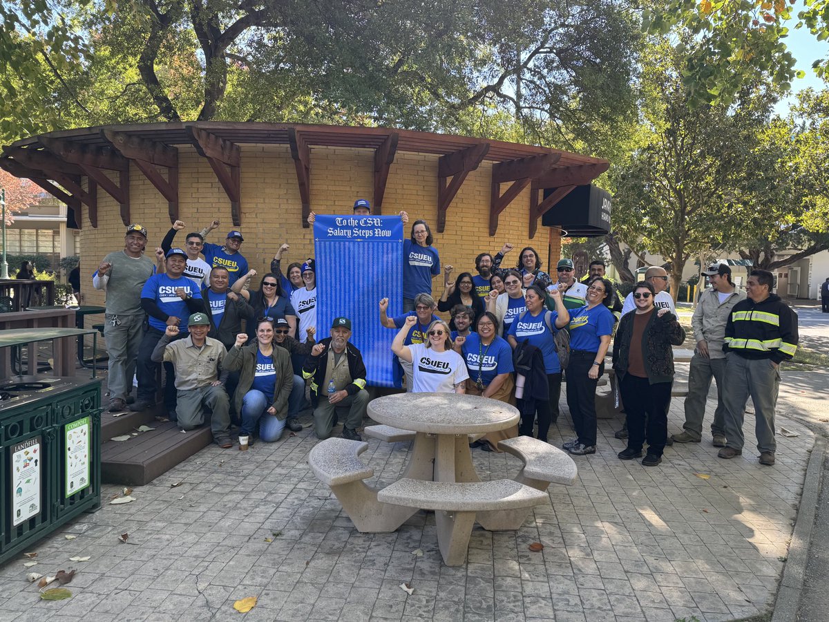 CSUEU's tweet image. CSUEU members continue our fight for pay equity, for kept promises, and for a stronger Higher Ed. Actions across 22 campuses today are just a preview of more to come! #UnionStrong