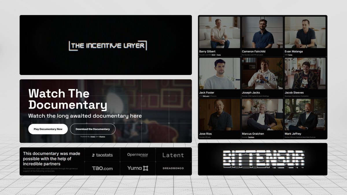 The Incentive Layer - A #Bittensor documentary is now live ⚫️

Watch it here 👉 theincentivelayer.com/watch

Featuring..

<a href="/BarrySilbert/">Barry Silbert</a>
<a href="/const_reborn/">const</a>
<a href="/jon_durbin/">Jon Durbin</a>
<a href="/EvanMalanga/">Evan Malanga</a>
<a href="/Old_Samster/">Sami Kassab</a>
<a href="/markjeffrey/">Mark Jeffrey</a>
<a href="/mikecontango/">mikecontango | τ,τ</a> plus many more  

A lot has changed in the #Bittensor ecosystem with