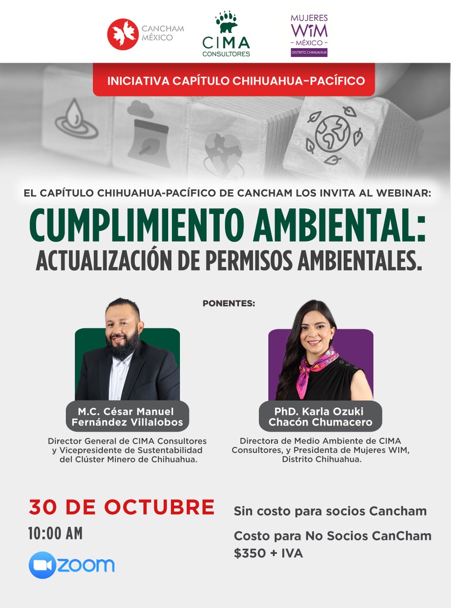 CanChamMx's tweet photo. 🚨 Última llamada para participar en el webinar “Cumplimiento Ambiental: Actualización de permisos ambientales”.

No te pierdas esta sesión donde especialistas de CIMA Consultores Ambientales abordarán los cambios más recientes en materia de permisos y regulaciones ambientales, clave para la operación responsable y sustentable de las empresas.

🗓 Mañana, 30 de octubre
🕙 10:00 – 11:00 horas
💻 Vía Zoom

Ponentes:

M.C. César Manuel Fernández Villalobos, Director General de CIMA Consultores y Vicepresidente de Sustentabilidad del Clúster Minero de Chihuahua.

PhD. Karla Chacón, Directora de Medio Ambiente de CIMA Consultores y Presidenta de Mujeres WIM de México, Distrito Chihuahua.

Asegura tu lugar y actualiza tus conocimientos en cumplimiento ambiental: https://t.co/VLT97yUfXw