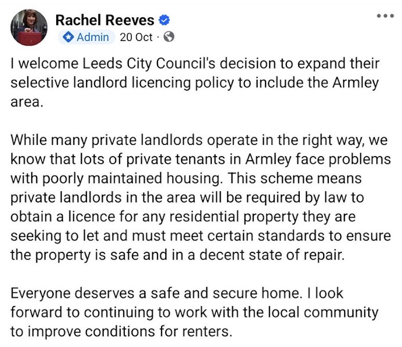 Reeves seems to be pretending tonight that she didn't know about selective licensing. She did, she thinks it's a good thing, as long as it doesn't apply to her.