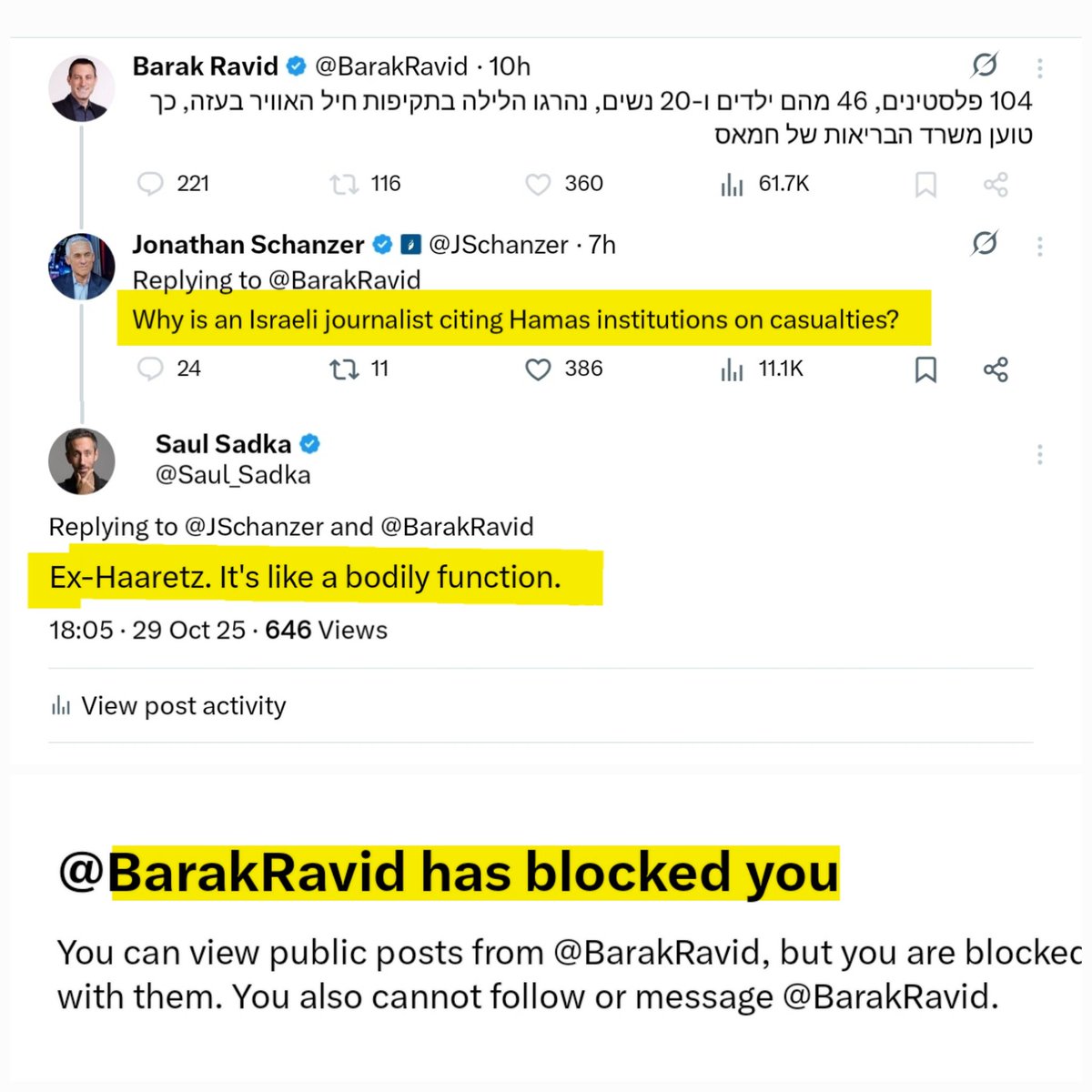 Haaretz—once the Israeli paper of record, but now barely having 4% market share—is so wildly unpopular that former Haaretz staff will block you if you remind the world of their association with the paper. 😂👌