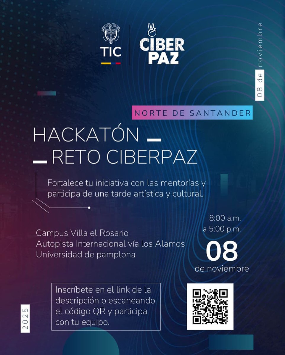 Ciberpazcolombi's tweet image. 🚀 ¡Llega la Hackatón del Reto #CiberPaz a Norte de Santander!

Si tienes una idea que impulse la seguridad digital, la innovación o la convivencia en línea, este es tu momento. 💡

📍 Universidad de Pamplona – Campus Villa del Rosario
🗓️ 8 de noviembre | 🕗 8:00 a. m. – 5:00 p.m