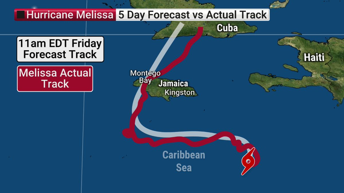 RECAP: Melissa 5 Day Forecast vs Actual Track
This is a pretty remarkable 5 day forecast for an extremely slow moving tropical cyclone that was made by NHC on Friday, October 24th at 11am EDT. The maximum forecast wind intensity was lower at 150 mph, but this post is more to