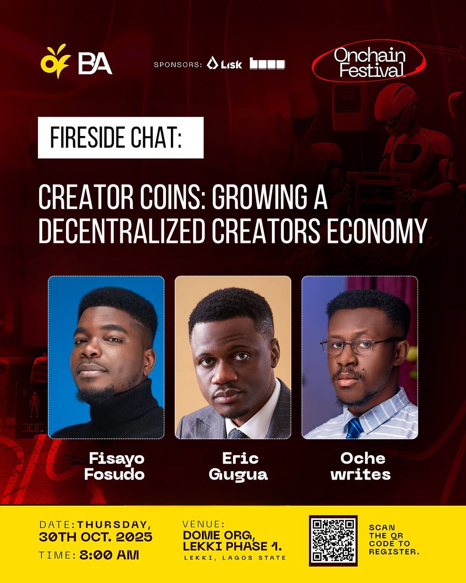 onchainfestival's tweet photo. Are you tired of centralized platforms taking your cut? 

The power is shifting back to the creators. We're diving into the decentralized world where artists, influencers, and builders can launch their own Creator Coins to build a direct and thriving economy with their community.

Join this critical Fireside Chat to learn how to: Grow a Decentralized Creators Economy and monetize your passion on your own terms.
Featuring:
@Fosudo
@eric_gugua
@Oche_Writes

🗓️ Thursday, 30th Oct. 2025
📍 DOME OME, Lekki Phase 1, Lagos State
⏰ 8:00 AM

Register and be part of the creator revolution!
👉 https://t.co/9Th5tKCdbD

#OnchainFest2025 
#Onchainfestival
#BchainAfrica 
#Web3