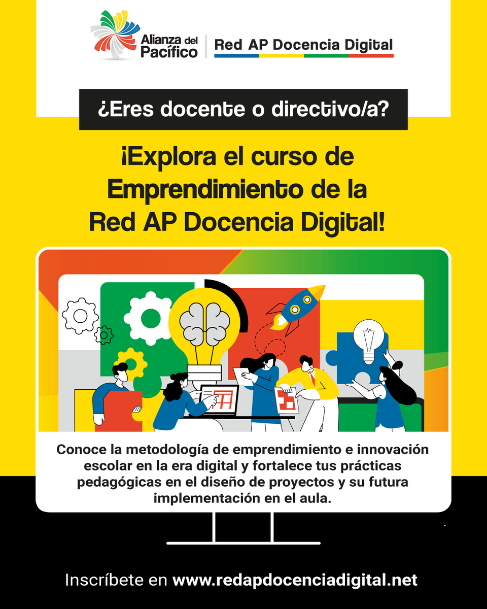 A_delPacifico's tweet photo. ¡Nuevo curso! Te presentamos el programa formativo "Fortalece el emprendimiento e innovación escolar en la era digital" de la #RedAPDocenciaDigital.​

🌟¿Qué aprenderás?​

📍Los principios clave del emprendimiento y la innovación escolar.​
📍Identificar las competencias de emprendimiento e innovación en el estudiantado.​
📍Diseñar proyectos de emprendimiento e innovación en el aula, utilizando herramientas prácticas como el Lean Canvas.​

✅ Curso gratuito​​
💻 Modalidad 100% online​​
🌎 Para docentes y directivos de Chile, Colombia, México y Perú​​
📲 ¡Inscríbete hoy en https://t.co/GrjoPgJhdu!​​
 
#DesignThinking #InnovaciónEducativa #FormaciónDocente #MetodologíasActivas