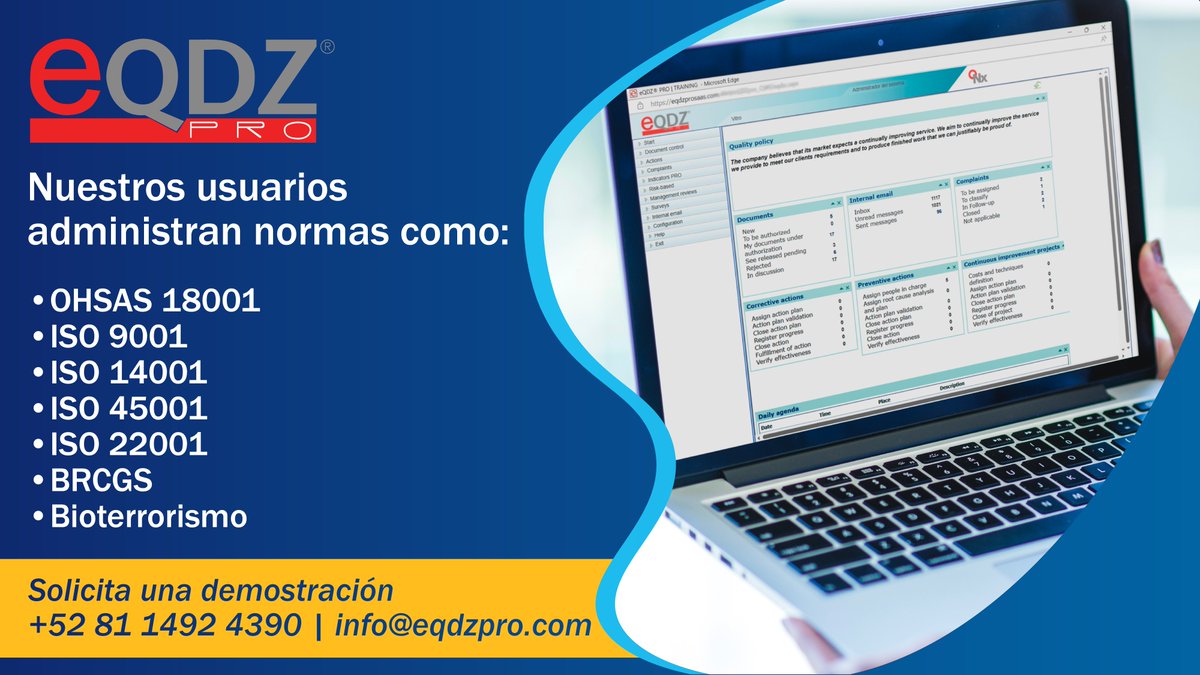 📢Administra múltiples normas con eQDZ®PRO 🚀
 
📂Gestiona estándares como ISO 9001, ISO 14001, ISO 45001 y más en   una sola plataforma.
 
💡¿Cómo te podemos ayudar? Contáctanos y solicita una demo.
 
💻 Aquí 👉 bit.ly/3FqZwNf
 
#ISO9001 #GestiónDeCalidad #eQDZPRO