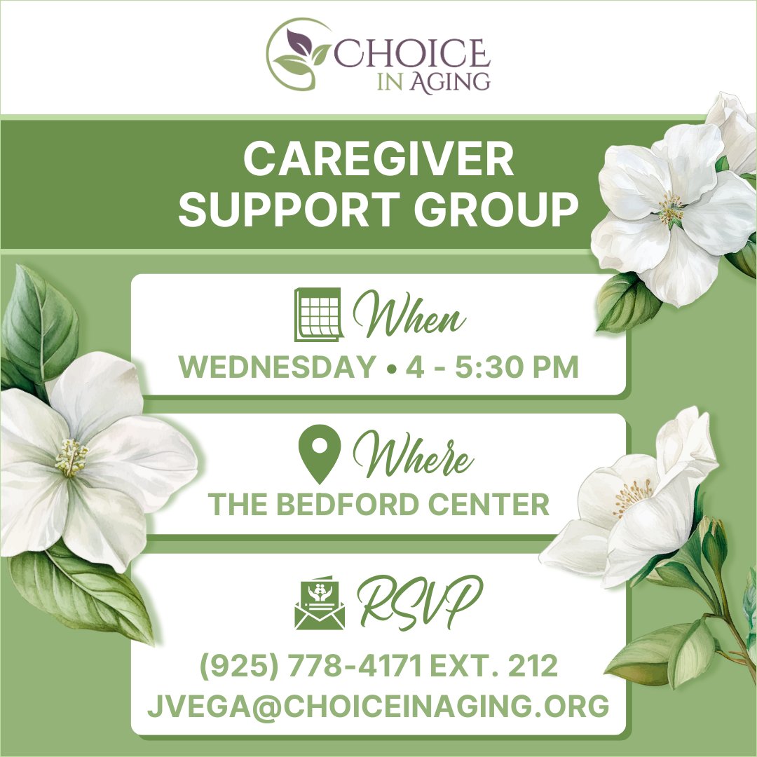 This Wednesday!

Caregiver Support Group

The Bedford Center
1811 C Street
Antioch, CA 94509

RSVP to Jazmine Vega:
(925) 778-4171 ext. 212
jvega@choiceinaging.org