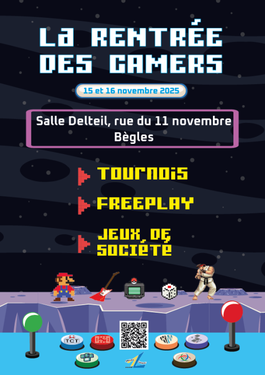 Retrouvez-nous pour la Rentrée des Gamers les 15 et 16 novembre à Bègles avec nos copains de la <a href="/SWGA_Bordeaux/">SWGA</a> , la RGB, Rythmania, Bodoge et <a href="/PkmnInBordeaux/">Pokémon in Bordeaux</a> pour pleins de jeux, un quiz et un blindtest ! RDV sur start.gg/rdg2025

#bordeaux #ssbu #MarioKartWorld 

Infos ⬇️