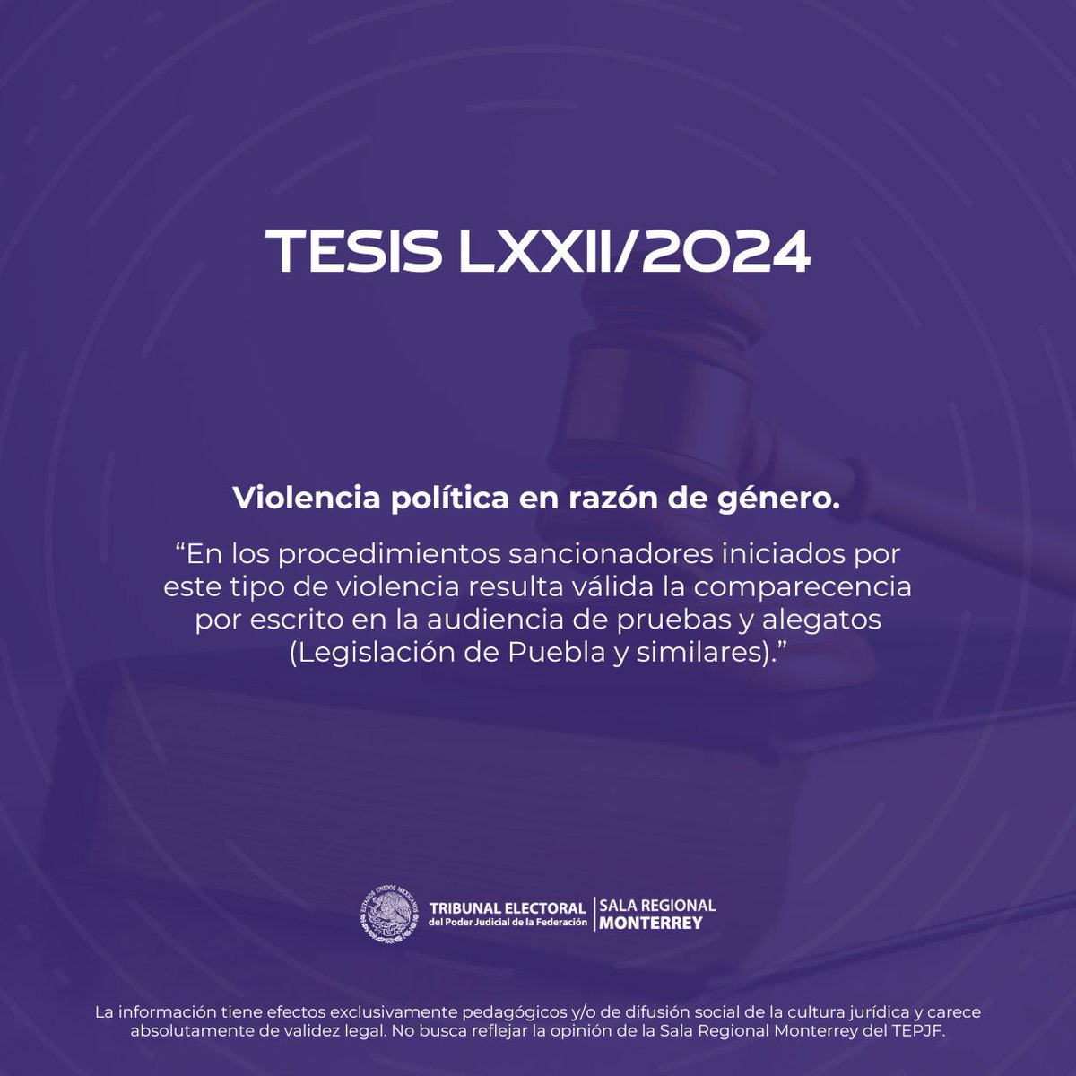 #Tesis ⚖️ | Las partes pueden comparecer por escrito en la audiencia de pruebas y alegatos cuando se denuncia violencia política de género.

La Tesis LXXII/2024 lo explica:
🔗te.gob.mx/ius2021/#/LXXI…