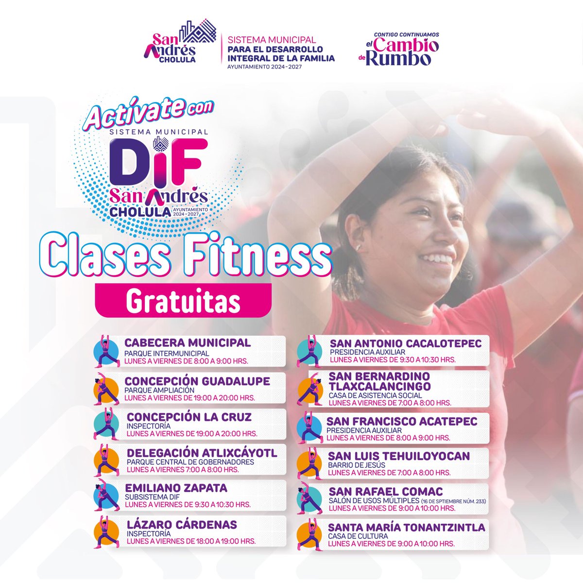 🏃‍♀️Cuidar tu salud depende de ti.
💪Únete a las Clases Fitness Gratuitas que impartimos en inspectorías, juntas auxiliares y la Delegación Atlixcáyotl; un espacio de convivencia y actividad física, en tu comunidad.🙌

📌 Conoce las ubicaciones. 

#ContigoContinuamosElCambioDeRumbo