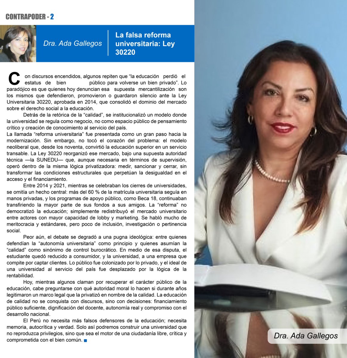 Ada_Gallegos's tweet photo. 🚨 El tiempo nos dio la razón
📰 Comparto mi artículo de hoy en @ExpresoPeru  Expreso 

🇵🇪 El Perú no necesita más falsos defensores de la educación; necesita memoria, autocrítica y verdad.

Lee el artículo aquí 👇
https://t.co/Dfoj1AeZmC https://t.co/egUAzzZ4Qm
