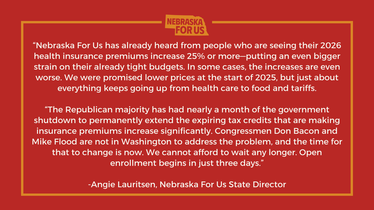 NebraskaForUs's tweet photo. A statement from State Director Angie Lauritsen as Nebraskans get their first look at soaring health insurance premiums for 2026. #DefendingTheGoodLife #NE01 #NE02 https://t.co/rR1tVclgxx