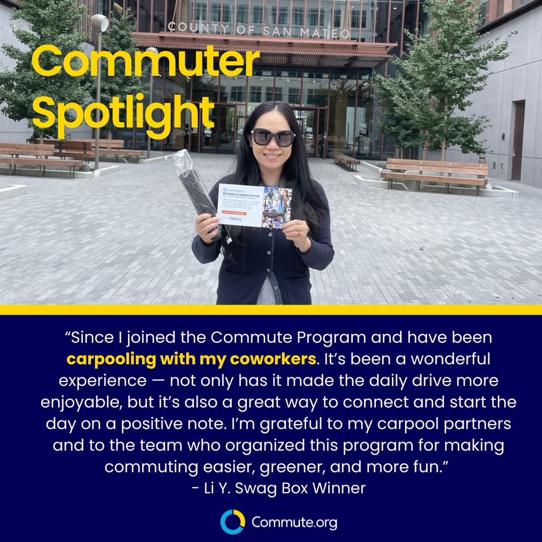 Commuter Spotlight 🚗✨ Meet Li, a recent CommuteStar Store winner! Want to carpool to work and earn rewards? Visit commute.org/rewards. If you carpooled in October, don’t forget to log your trips by Nov. 14 for a chance to win $100! #CarpoolMonth2025