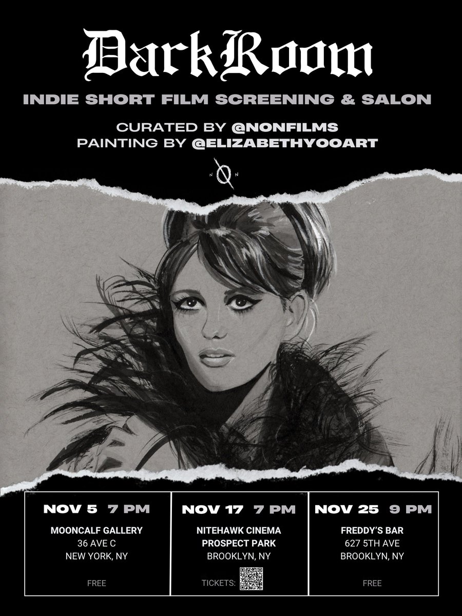 3 new 𝐃𝐚𝐫𝐤𝐑𝐨𝐨𝐦 Screenings coming up: 
Wed, Nov. 5 @ Mooncalf Art Gallery in Manhattan. 
Mon, Nov. 17 <a href="/nitehawkcinema/">Nitehawk Cinema</a> Prospect Park. 
Tues, Nov. 25 <a href="/FreddysBar1/">freddys@freddysbar.com</a> in Park Slope, Brooklyn. 

All new curations w/ artists in attendance! Original artwork by <a href="/lejazznik/">Elizabeth Yoo</a> 💖