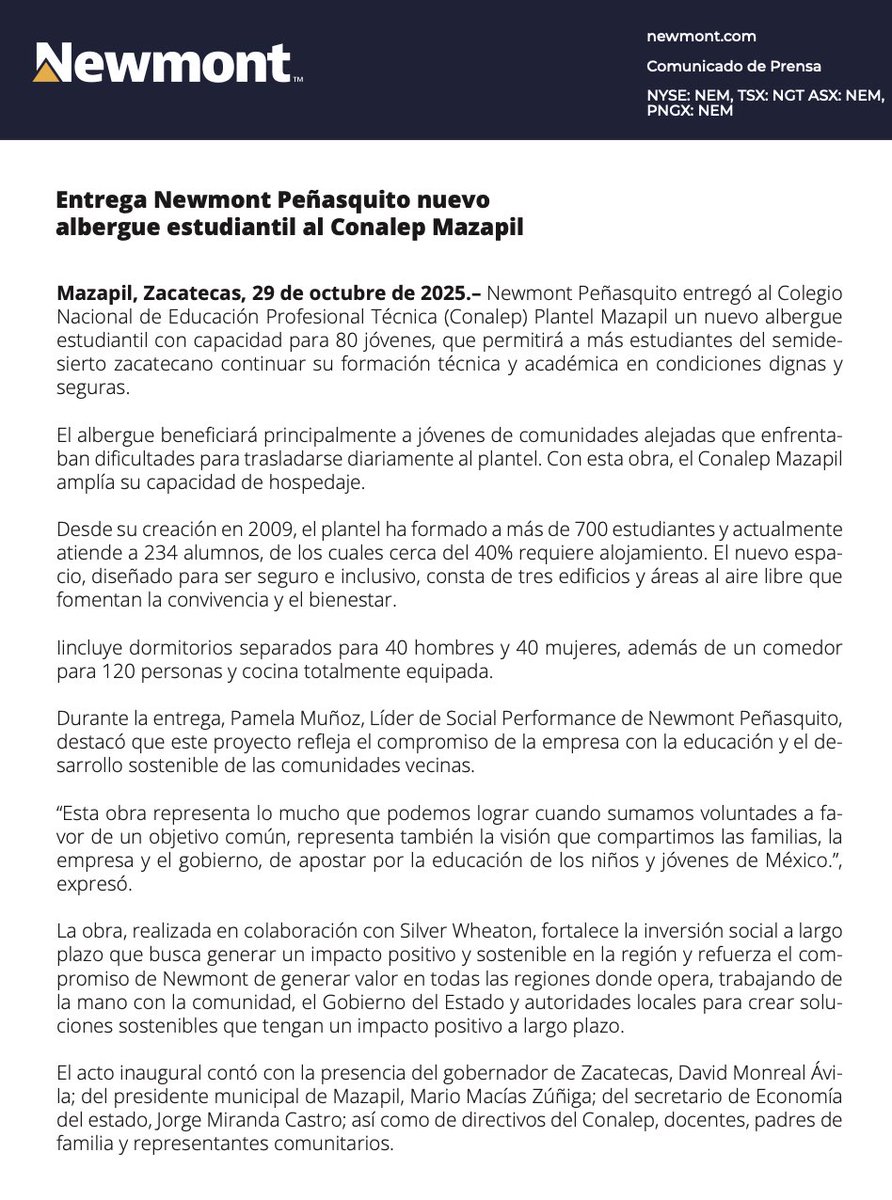 OrgulloMineroMx's tweet photo. #Peñasquito, de @NewmontCorp entregó un nuevo albergue estudiantil al #Conalep Plantel #Mazapil, con capacidad para 80 jóvenes de comunidades del semidesierto zacatecano.
#COMUNICADO https://t.co/HTqqQ2i2cJ