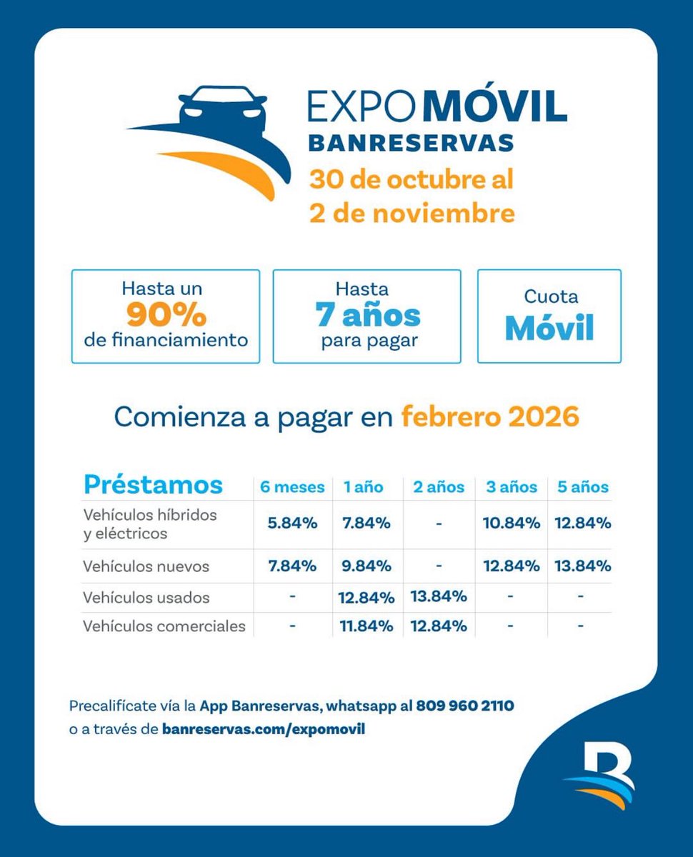 🔥 ¡La tasa que estabas esperando también está en tus manos! Aprovecha desde un 5.84%

En Expomóvil Banreservas tienen las mejores condiciones para que estrenes tu carro.

🚗 Precalifícate hoy a través del 809-565-3111 y aprovecha.