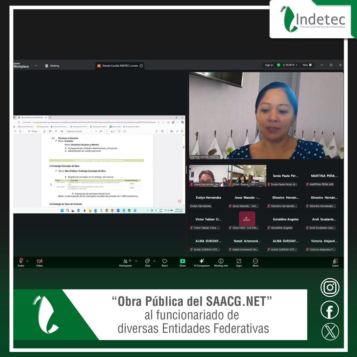 IndetecMX impartiendo el curso “Obra Pública del SAACG.NET” al funcionariado de diversas Entidades Federativas. 29 de octubre de 2025.