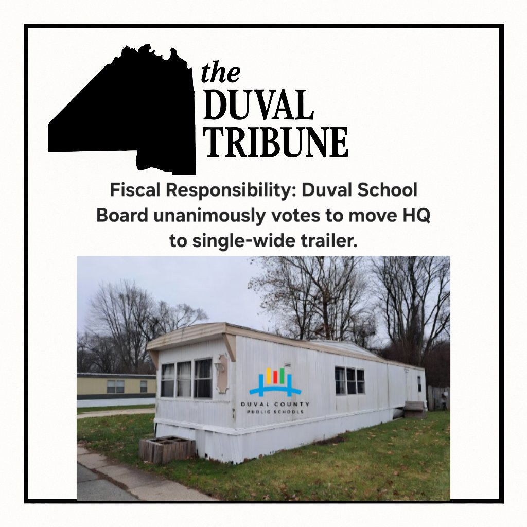 DuvalTribune's tweet image. Jacksonville, FL — The Duval County School Board has unanimously voted to move the district&apos;s main office from their headquarters on the St. John&apos;s River to a single-wide trailer on Jacksonville&apos;s Westside.

We spoke to board chair, Charlotte Joyce about the decision:

&quot;Well,…