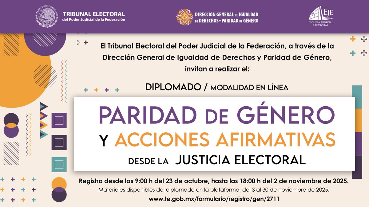 #TuTribunal te invita a participar en el Diplomado: Paridad de género y acciones afirmativas desde la justicia electoral (modalidad en línea).

✍️Inscríbete a través del siguiente enlace: te.gob.mx/formulario/reg…