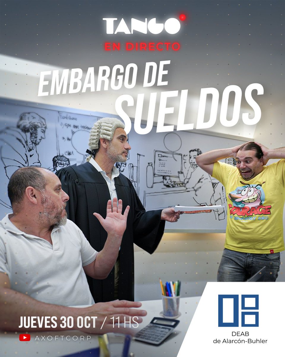 DEABTango's tweet image. #TangoEnDirecto

👉 Mañana, jueves a las 11h, no te pierdas el directo de Embargos de Sueldo, donde se verá como implementar los embargos por cuota alimentaria.

🔔Suscribite al canal.

🔴YouTube: Acceso youtube.com/@AxoftCorp

#tangosoftware #dealarconbuhler