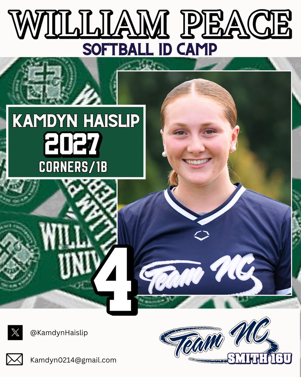 <a href="/KamdynHaislip/">Kamdyn Haislip 2027</a> will be attending the William Peace Softball Camp this weekend. Excited for her to get the opportunity to learn, compete, and gain exposure to the college program. <a href="/GoPeaceSoftball/">WPU Softball</a> <a href="/TeamNCSoftball/">Team North Carolina Softball</a>