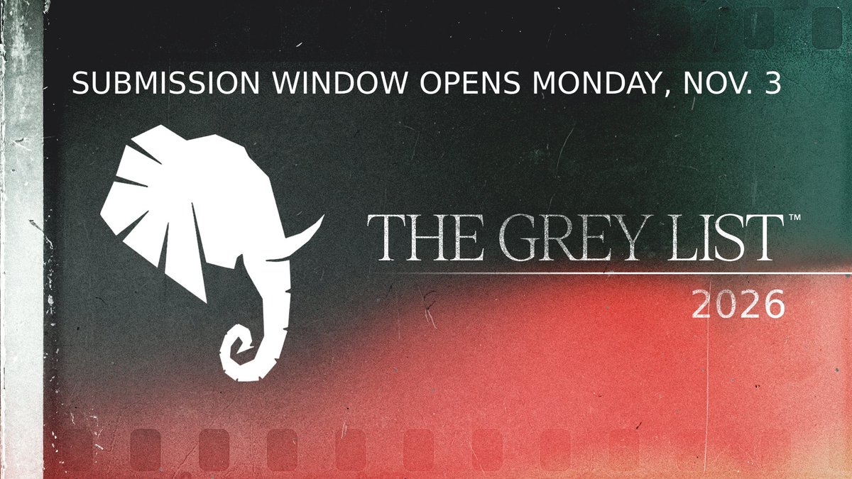 Your friendly reminder that submissions for the 2026 Grey List will be opening next Monday, Nov. 3!!

We can't wait to see the talent you share with us.

Help us build this year's Top 40 Over Forty, and remember, creativity has no expiration date!

#screenwriting